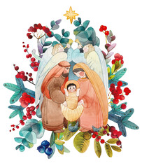 Christian Christmas watercolor illustration "Nativity scene": Mary, Joseph, baby Jesus Christ in a manger, angels and the star of Bethlehem in a floral frame.