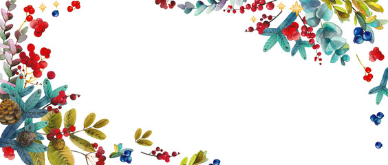 Watercolor New Year, Christmas floral background, festive  frame from branches of a tree, eucalyptus, shiishek, flowers, red berries of stars.