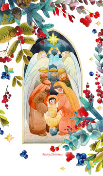 Christian Christmas illustration "Nativity scene": Mary, Joseph, baby Jesus Christ in a manger, angels and the star of Bethlehem in a floral frame. For Christmas greetings