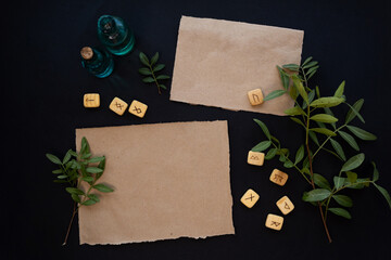 Kraft paper mockup template on black background with magical mysterious mood. 