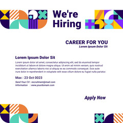 Recruitment advertising template. Colorful geometric background. Job vacancy poster geometrical shapes. Flyer promotion modern decorative patterns square.