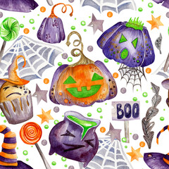 Fototapeta premium Seamless watercolor halloween pattern. Spider web, purple pumpkins, cauldron of potion on a white background. Design for wrapping paper, backdrops, gifts and more