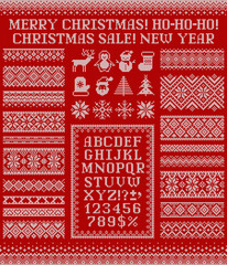 Knitted sweater patterns, elements, alphabet, and phrases for Christmas, New Year or winter design. Vector set. Scandinavian seamless ornaments, letters, frame, Santa, snowflake, deer, trees, etc.