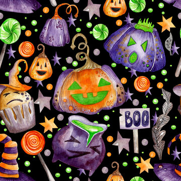 Halloween. Watercolor seamless pattern on a black background. Halloween pumpkins, witch hat, cauldron of potion, boo lettering, lollipops. Design for wrapping paper, gifts, decorations and more.