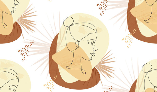 seamless modern abstract pattern with portraits of girl in one line in the style of Mathis drawn in vector with elements of boho shapes for textiles and surface design