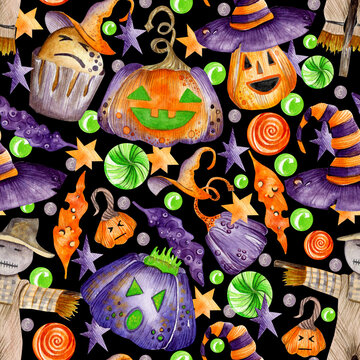 Halloween. Watercolor seamless pattern. Purple, orange pumpkins, lollipops, witch's hat, garden scarecrow, stars on a black background. Design for wrapping paper, gifts, decorations and more.