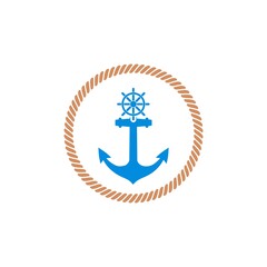 Nautical logo. Anchor and ship steering wheel icon isolated on white background