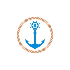 Naklejka premium Nautical logo. Anchor and ship steering wheel icon isolated on white background