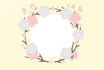 はがき　デザイン　イラスト　梅の花と鳥のリース　横構図