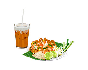 Isolated Pad Thai, Thai noodles fried with shrimp, eggs, chicken, bean sprout and chives. Served with Thai tea. Famous Thai food vector illustration.  