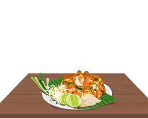 Isolated Pad Thai on wooden table, Thai noodles fried with shrimp, eggs, chicken, bean sprout and chives. Famous Thai food vector illustration.  
