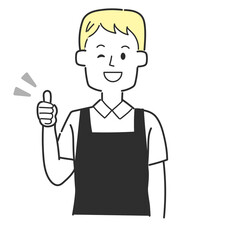 サムズアップをしているエプロンを着た店員