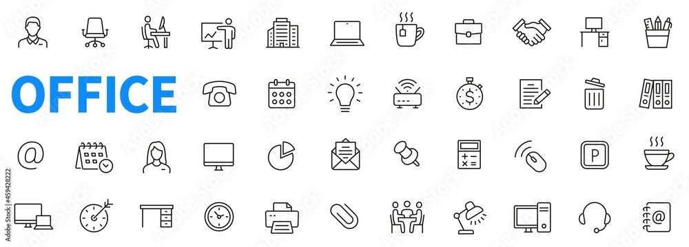 Wall mural office icons set. contains such icons as office, chair, coffee, time, manager, workspace, computer, 