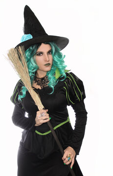 Green Hair Witch With Broom on White Background