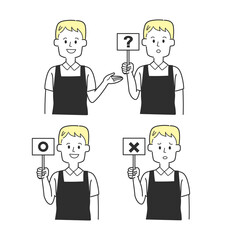 丸、バツ、はてなが書かれた札を持っているエプロンを着た店員のセット