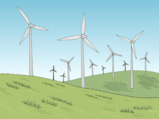 Windmills graphic color landscape sketch illustration vector © aluna1