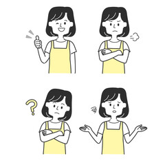 いろんな表情のエプロンを着た主婦のセット