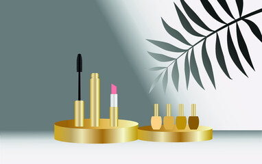 vector decorative cosmetics on the stand. flat image of mascara and lipstick and nail polish on a gold pedestal