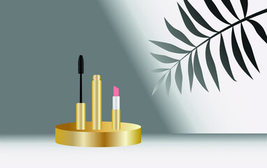 vector decorative cosmetics on the stand. flat image of mascara and lipstick on gold pedestal