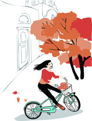 girl riding vintage bicycle, orange flowers in the basket, on  the autumn street, maple trees aside, a church in the background, wearing orange top, black tight and orange boots, happily, hair flies. 