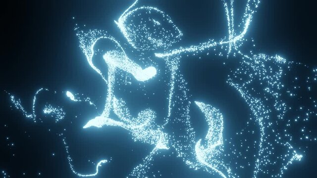 Stunning, hypnotic particle animation. 4K glowing blue scifi energy particles fly around in front of a black background. 3D cg light trail abstract motion design.