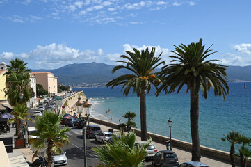 Fototapeta na wymiar Boulevard Lantivy à Ajaccio avec ses palmiers et la plage Saint-François