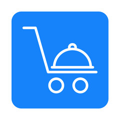 Obraz premium Logotipo con silueta de carrito de la compra con bandeja de comida con tapa con lineas en cuadrado color azul