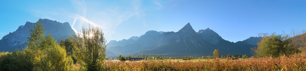 alpine landscape Zugspitze and Mieminger Alps with Ehrwalder Sonnenspitze, autumnal scenery
