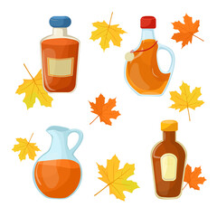 maple syrup in a glass bottle. Vector set of cartoon illustrations.