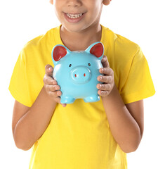 Fototapeta na wymiar Funny portrait of little boy holding a blue moneybox