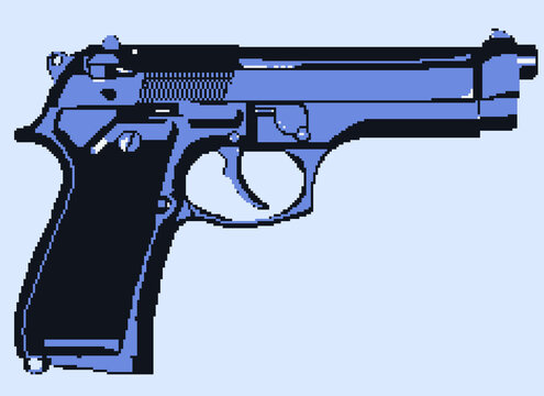 Pixel art pistol  8bit game item. 
Vector pixel art gun.