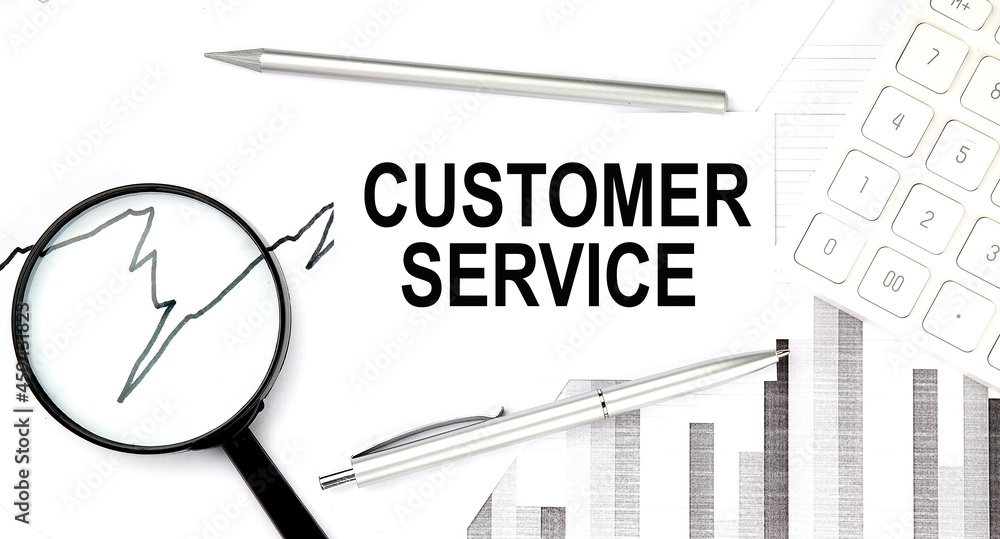Poster CUSTOMER SERVICE text on document with pen,graph and magnifier,calculator