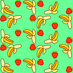 Geometric background with banana and strawberry on the grid. Vector illustration