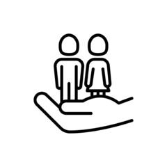 Adoption thin line icon, boy and girl in human hand. Symbol of family protection and safety. Modern vector illustration for custody.