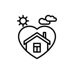 Home care symbol, house in heart thin line icon. Symbol of safety, protection, insurance. Modern vector illustration.
