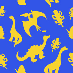 Childish seamless pattern with silhouette dinosaur and tropical leaves on a blue background. Cute dino design.
Perfect fit for nursery clothes, fabric,  wrapping paper, wallpaper, textile design.