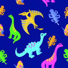 Childish seamless pattern with dinosaur and tropical leaves on a blue background. Cute dino design.
Perfect fit for nursery clothes, fabric,  wrapping paper, wallpaper, textile design.