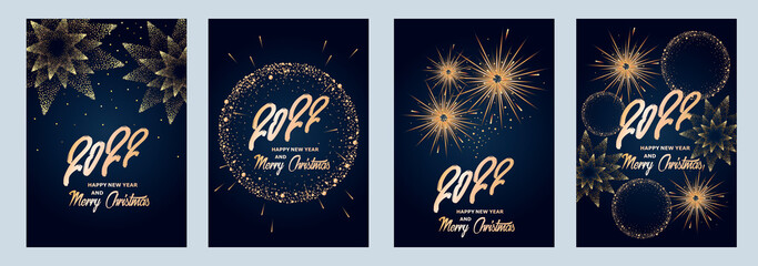 2022 New Year and Christmas. Fireworks, golden garlands, sparkling particles. Set of Christmas sparkling templates for holiday banners, flyers, cards, invitations, covers, posters. Vector illustration - 459432609