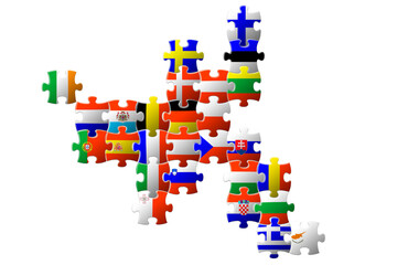 Puzzle map of the EU countries. Flags of the EU countries. Unification of Europe. Concept for design. 3D image.