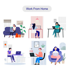 Fototapeta na wymiar Set of people working online from home office.vector design.