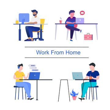 Set of people working online from home office.vector design.