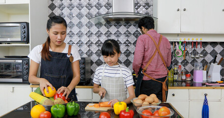 Asian family is enjoying cooking in the kitchen at home.