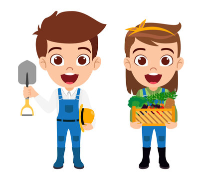 Happy cute kid boy and girl farmer character standing together with vegetables box and cutter