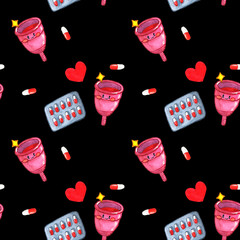 Seamless pattern with menstrual cup, pills and hearts. Women health consept. Hand drawn watercolor illustration on black background. 