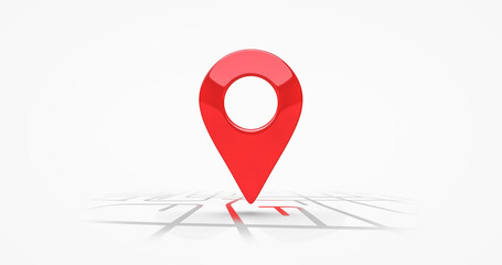 Red location symbol pin icon sign or navigation locator map travel gps direction pointer and marker place position point design isolated on white graphic road mark destination background. 3D render.