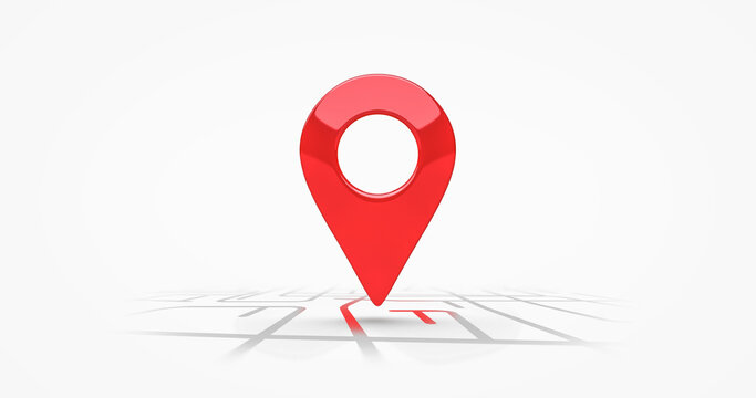 Red location symbol pin icon sign or navigation locator map travel gps direction pointer and marker place position point design isolated on white graphic road mark destination background. 3D render.