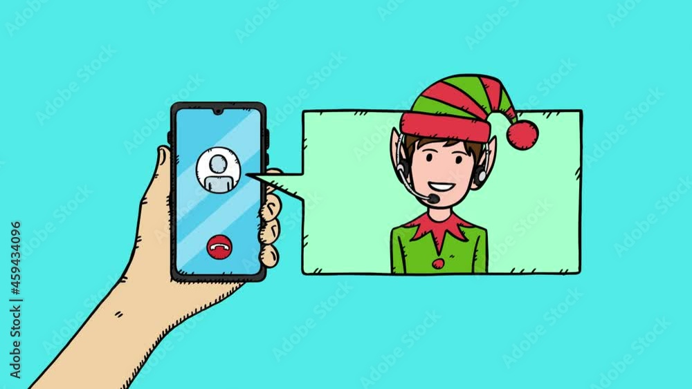 Poster video animation of conversation on mobile phone with christmas customer service. hand is holding mob