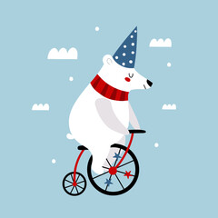 Children's illustration with a circus bear. Vector hand drawn illustration.