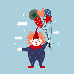 Children's illustration with circus clown. Vector hand drawn illustration.