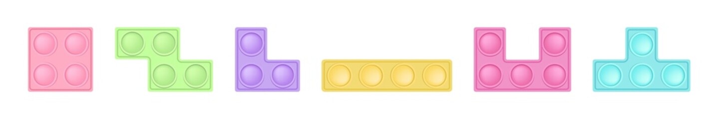 Set of popit tetris bricks - trendy silicon fidget toys. Antistress addictive toy for fidget in pastel colors. Bubble sensory developing popit for kids fingers. Isolated cartoon vector illustration.